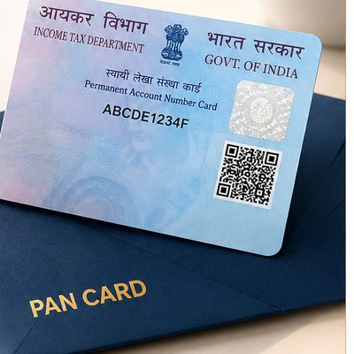 A PAN card on a navy document envelope marked PAN CARD.